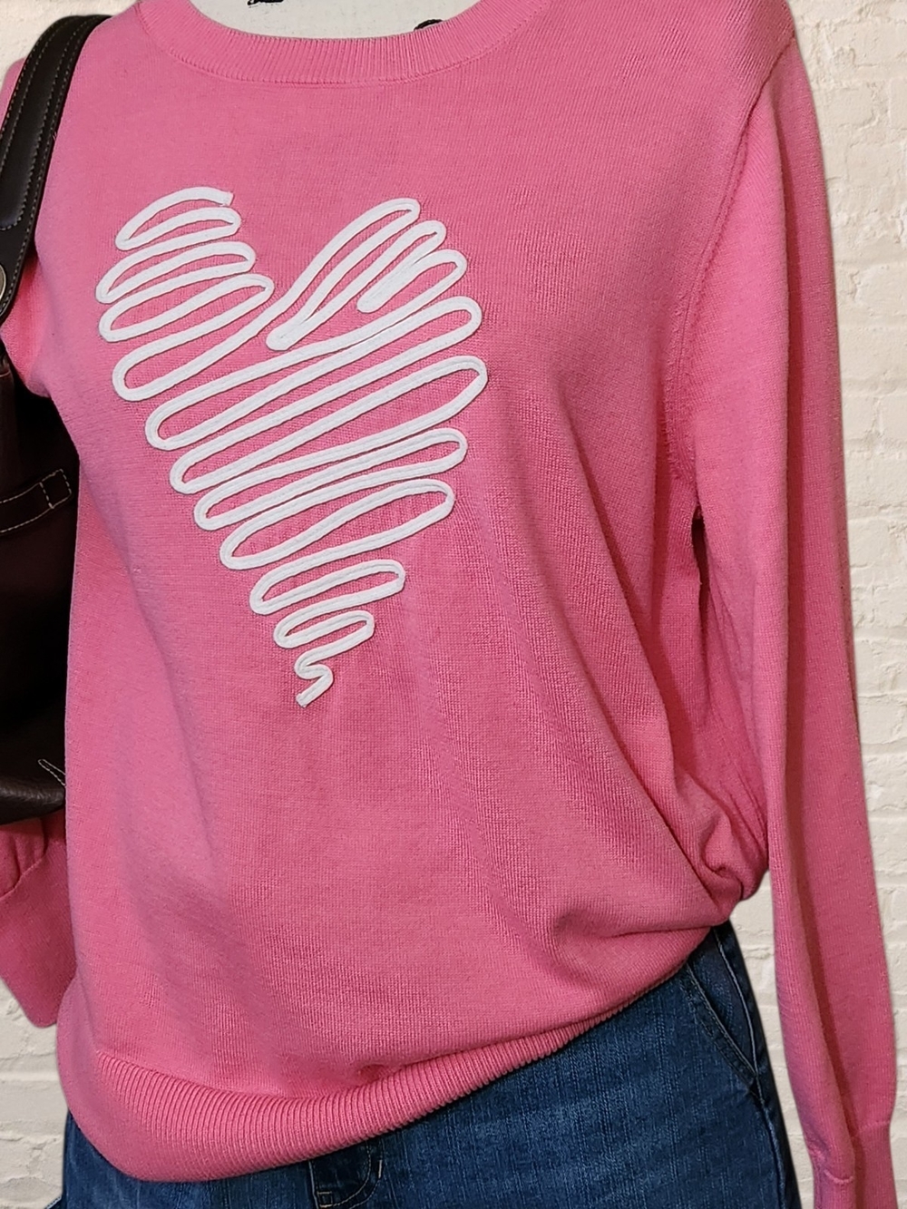 Time and Tru Pink Graphic Heart Knit Pullover Sweater XL
